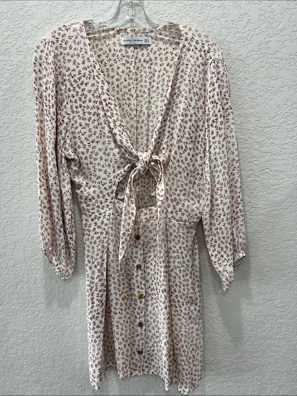 Faithfull the Brand Cream Mini Dress with Rust Floral Tie Front